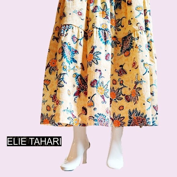 ELIE TAHARI NEW SUNLIT GARDEN Bohemian Floral Tiered Full Midi Skirt L - Picture 4 of 11
